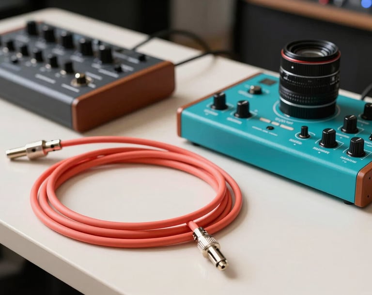 Close-up of professional music gear on a soft off-white table in a International / English-speaking studio. Includes a vibrant coral colored guitar cable and a bright turquoise synthesizer interface. Crisp, bright, and professional aesthetic.