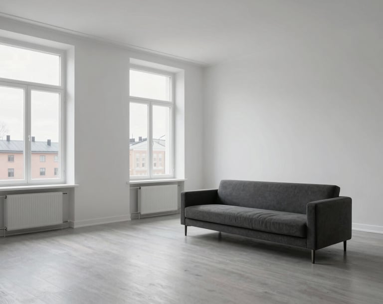 A wide-angle interior photograph of a minimalist residential space in Stockholm. The room features white walls, light gray flooring, and a single piece of dark gray furniture. Large windows invite soft, diffused Northern European daylight, creating a serene and professional atmosphere.
