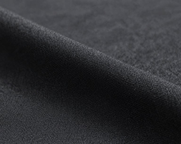 Close-up detail of high-quality fabric texture in dark charcoal #333333. The image emphasizes the craftsmanship and the intricate weave of the textile. Clean, minimalist aesthetic.
