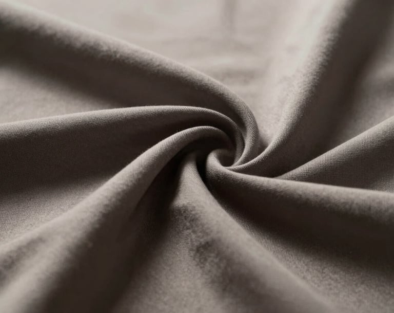 Macro shot of an artistic fabric texture with deep folds, illuminated by harsh, direct light creating dramatic contrast. Palette consists of #D5BFB3 and deep charcoal shadows #363131. High-end fine art photography style.