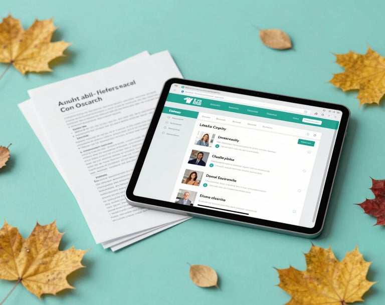 A creative arrangement of academic artifacts: a stack of research papers, a digital tablet showing a library catalog interface, and a scattering of vibrant autumn leaves. The composition is professional yet artistic, highlighting the #D4B281 gold and #7A9E9F teal tones.
