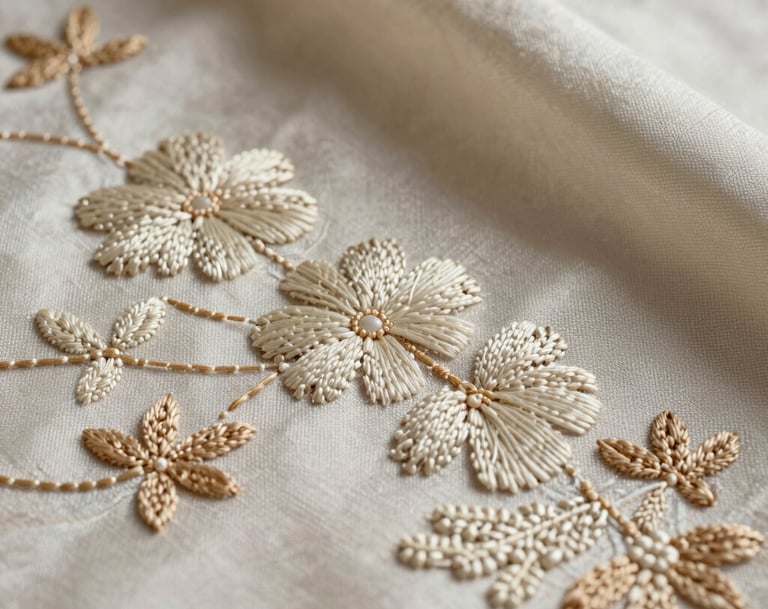 Detail macro photograph of exquisite hand-stitched embroidery on premium textured silk fabric. Soft morning light highlighting the delicate patterns of cream and light sand colored threads, haute couture magazine style, quiet luxury aesthetic.