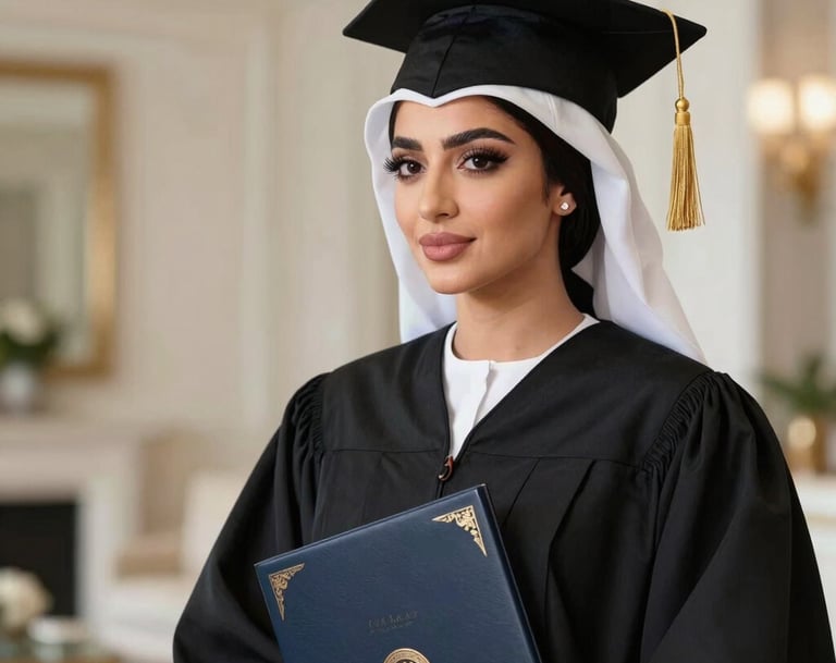 A close-up of a Middle Eastern woman in a luxurious graduation gown, holding a sophisticated diploma folder, soft focus background in a high-end Gulf home, elegant lighting, professional photography.