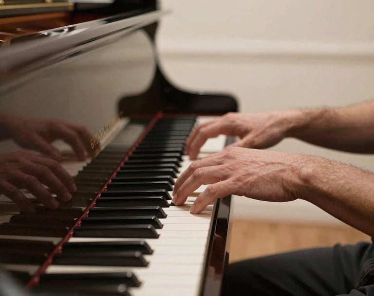 Close-up photography of a North American / US musician's hands playing a Dark Charcoal Brown piano. The setting is a professional studio with Soft Pearl Beige walls and natural, soft light, conveying timeless elegance.