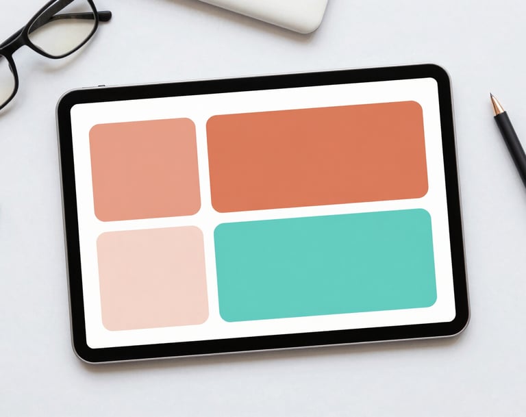 A top-down aesthetic flat lay of a tablet showing a color palette with Burnt Peach #E67D62 and Tropical Teal #70A8A9, surrounded by professional design tools on a platinum surface.
