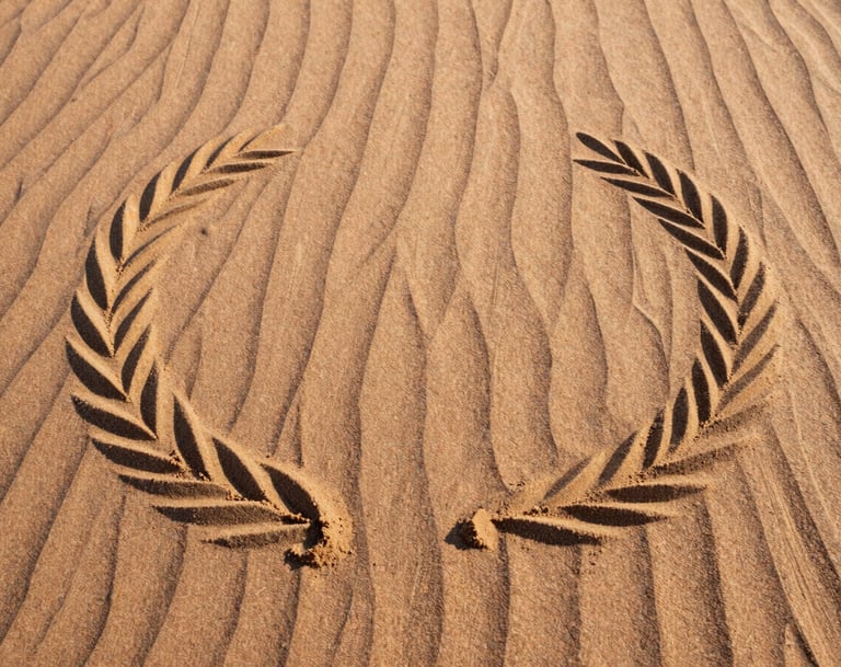 A top-down view of a sand art pattern resembling ripples on water, created on a warm desert surface. The composition is minimal and elegant, featuring a palette of soft sand and deep charcoal shadows cast by the afternoon sun.