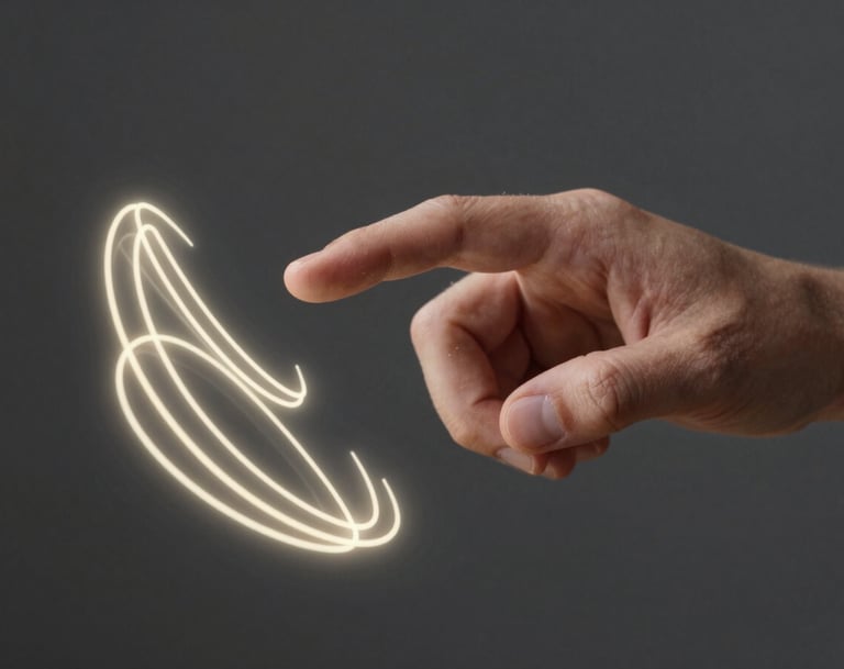 A close-up of a person's hand interacting with a glowing holographic interface. Ivory-colored light trails contrast against a dark charcoal background. Professional photography, shallow depth of field. North American context.