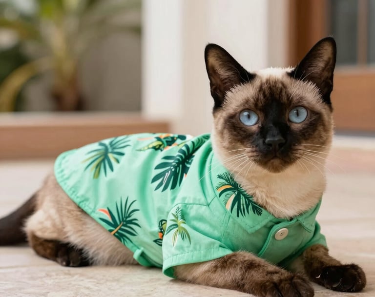 Gatito acostado con camisa hawaiana