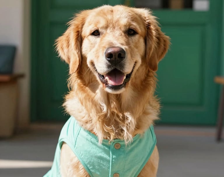 Perrito sentado con chaleco color aguamarina