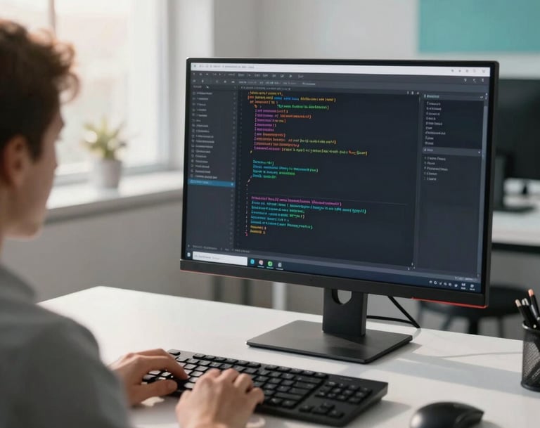 An over-the-shoulder macro photograph of a clean, high-end desk setup in Mexico City. A computer monitor displays lines of clean code and analytical digital security data. In the background, a pristine white office space with subtle teal accents and a warm sunray entering through a large window, suggesting intellectual rigor.