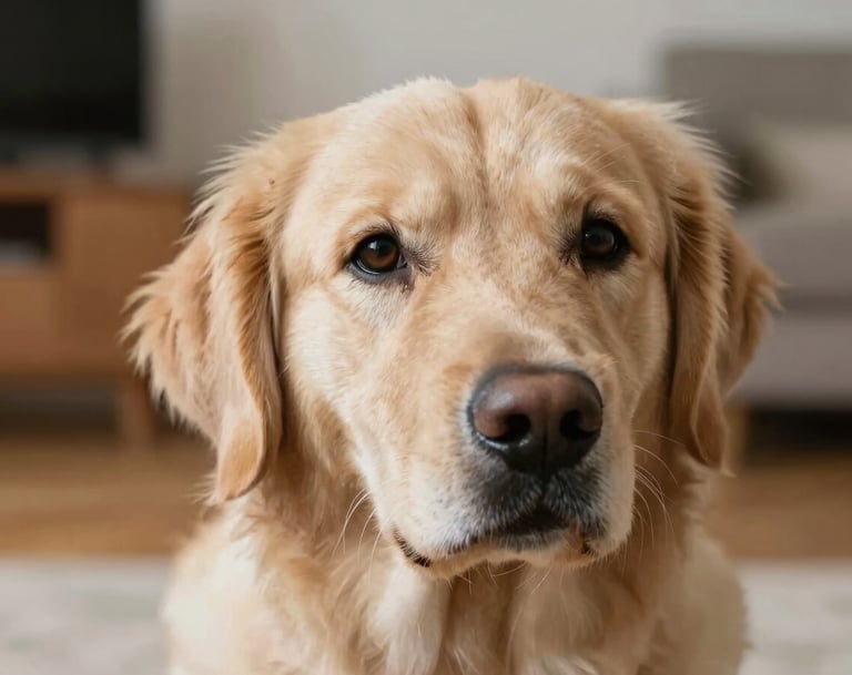 A heartfelt close-up of a golden retriever dog looking into the camera with expressive eyes. Warm, natural lighting in a home setting. The color palette includes soft #F5F2F0 and #B8ADAD tones in the background. Professional pet photography style.