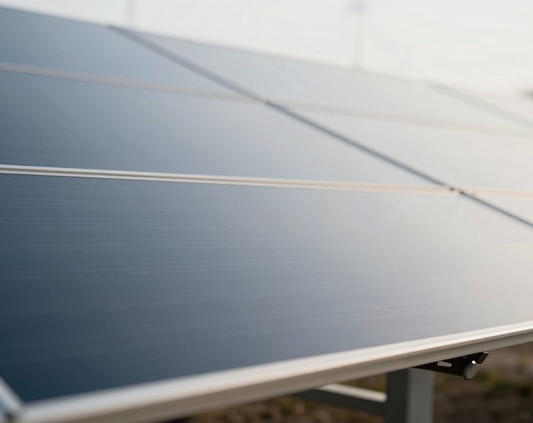 A close-up shot of a modern energy installation with clean industrial lines, reflecting a high-tech and ESG-focused aesthetic. The color palette incorporates shades of #4A6D7C and #F5F8FA, shot with soft, natural morning light to emphasize precision and innovation.