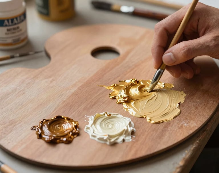 Detailed close-up of a painter's hand mixing Soft Gold and Warm Cream oil paints on a wooden palette in a high-end International / Global Art Scene art space.
