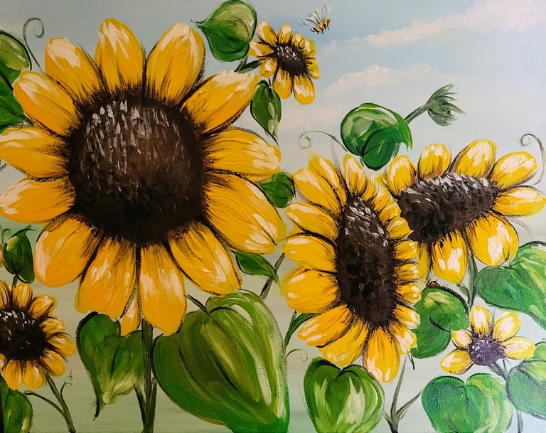 large sunflowers with acrylic and little bumblebee