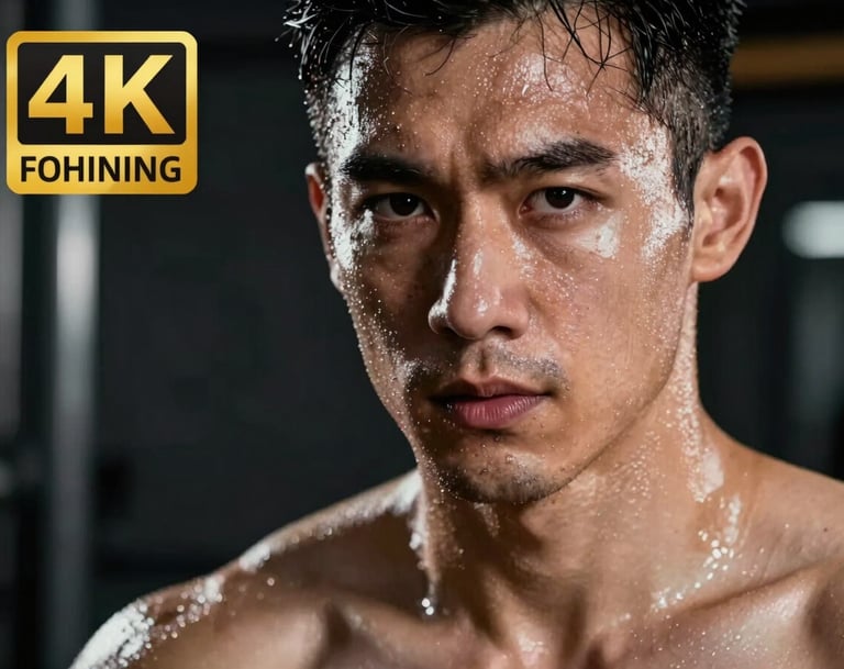 Intense close-up of a male model's face and shoulders, sweating after a workout, sharp gaze directed at the camera, dramatic side lighting in a charcoal black gym, silver mist highlights on skin.