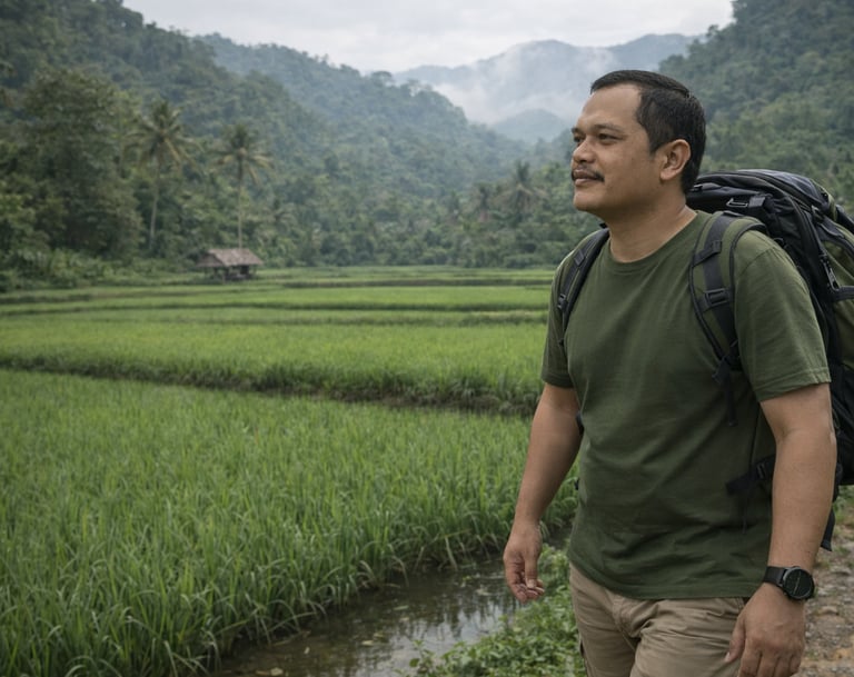 poto armando sinaga berjalan di persawahan