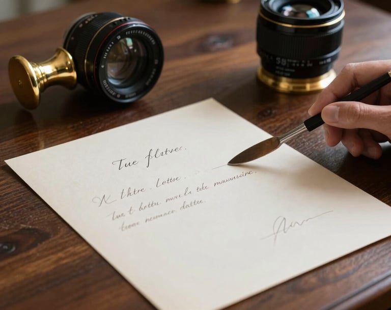 Gros plan détaillé d'un accessoire de film : une lettre manuscrite à la plume posée sur un bureau en bois sombre avec un encrier doré, éclairage latéral dramatique, style minimaliste et élégant.