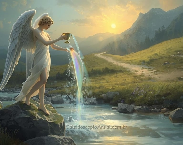 Temperança tarot: anjo alquímico vertendo líquido arco-íris entre cálices dourado e prateado.
