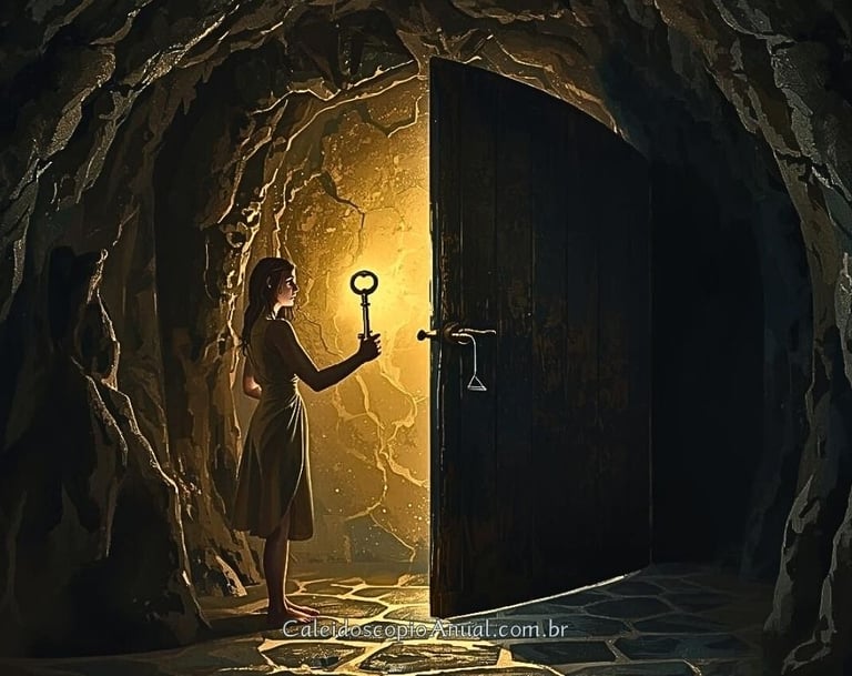 Pessoa em uma caverna percebendo que a chave que segura revela que as paredes são falsas.