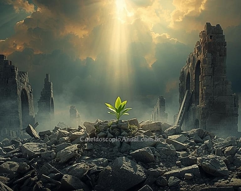 Broto verde crescendo em meio às ruínas de uma torre desmoronada após a tempestade.