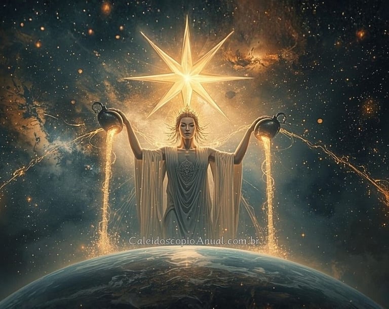 Figura divina no cosmos derramando luz de dois jarros, criando estrelas e vida.