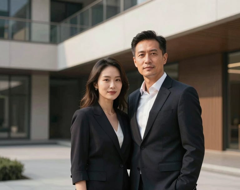 A sophisticated portrait of a couple in a modern architectural setting. The composition uses clean lines and dramatic lighting. Incorporates #20232B shadows and #F7F5F0 highlights for a professional, artistic elegance.