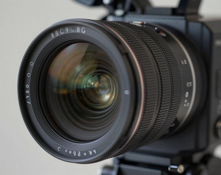 Close-up detail shot of a professional cinema camera lens, focusing on the intricate glass elements and metallic textures. Lighting is soft and professional, incorporating the brand colors #8C9CA6 and #1A1A1A.