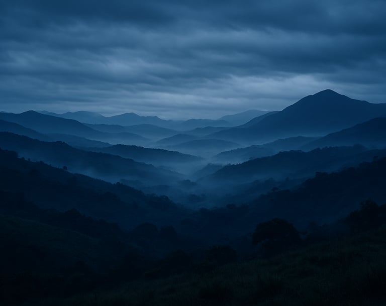 A breathtaking landscape of a misty highland in Brazil during the blue hour. The atmosphere is mysterious and expansive, with deep steel blue tones and subtle light gray clouds, representing the scale of the narrative.
