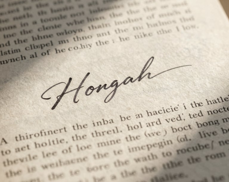 A detailed close-up of a page of text in a classic serif font, with a charcoal ink margin note written in elegant cursive. The paper is antique cream. Soft shadows across the page suggest a late afternoon setting.