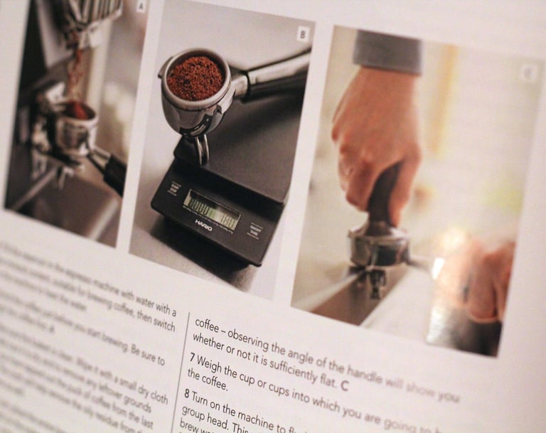 Step-by-step espresso brewing guide showing coffee grinding, weighing on a Hario scale, and tamping.