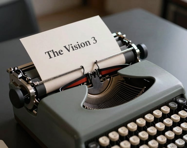 Close-up of a vintage-style typewriter with a script page titled 'The Vision', shot in a dramatic North American / US office setting. Soft off-white paper contrasts against a dark slate gray desk.