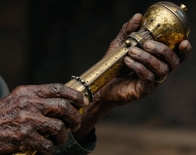 Extreme close-up photography of an elder's weathered hands holding a traditional instrument in a Angolana rural setting, dramatic antique burnished gold lighting against deep obsidian black surroundings, professional cinematography style.