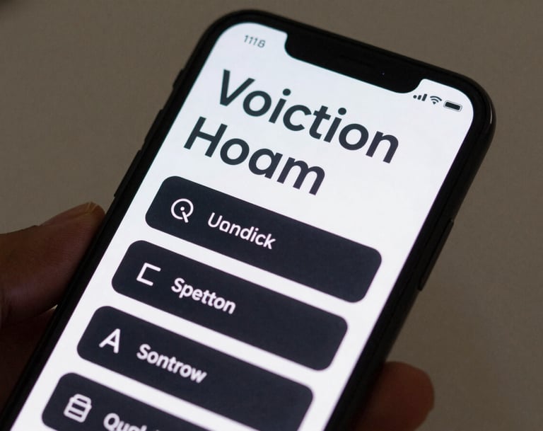 Macro photography of a mobile phone displaying a sharp, responsive web interface with deep black buttons and charcoal grey text, held by a hand in a North American / US creative studio.