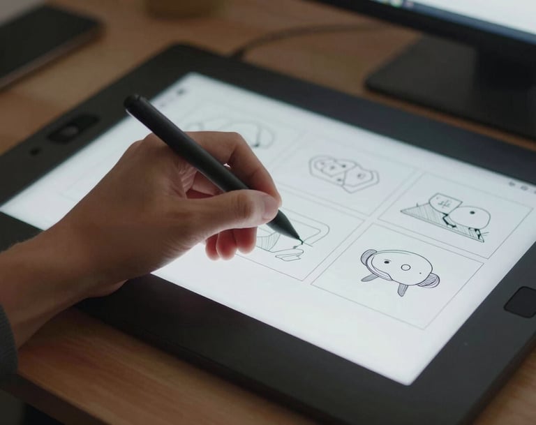 A close-up shot of a professional digital workspace. A hand is seen using a stylus on a drawing tablet, sketching out storyboards for an instructional video. The lighting is soft and focused, reflecting a sense of craftsmanship and attention to detail.