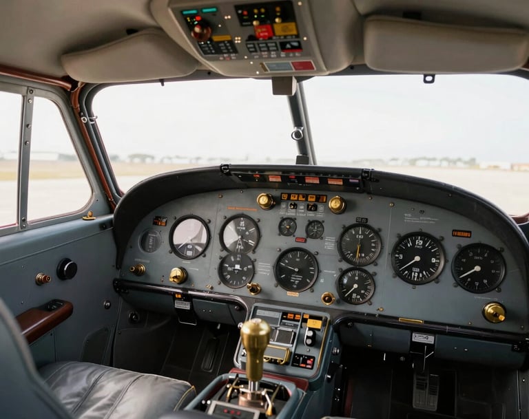 The interior cockpit of a 1940s luxury aircraft. The scene is illuminated with soft, natural light, highlighting the analog dials and brass switches against the muted #5D6D7E leather dashboard.