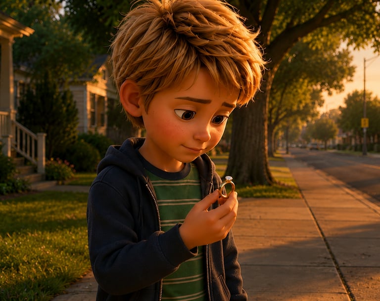 A 3D animated young boy holding a gold diamond ring on a sunny neighborhood sidewalk at sunset.