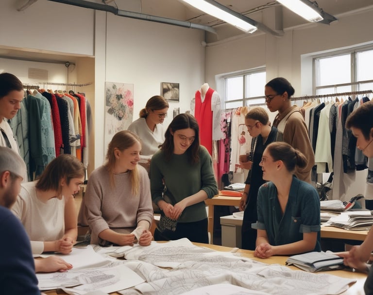 a group of people standing around a table with papers and papers