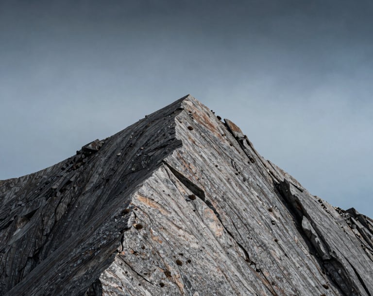 A high-resolution landscape photograph focusing on the rugged texture of a granite mountain peak. The composition is clean and minimalist, with a single sharp ridge cutting through a misty charcoal and light blue sky.