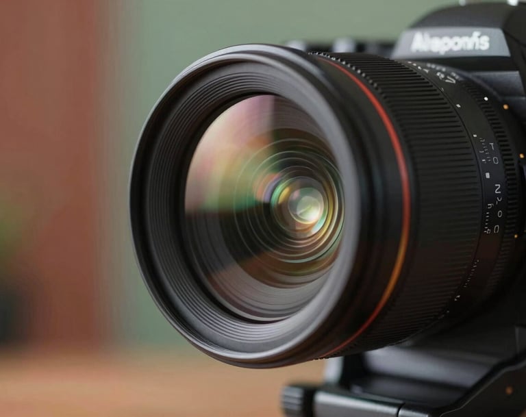 A cinematic close-up shot of a high-end camera lens capturing light flares in a dim studio. The atmosphere is professional and sophisticated, with hints of terracotta and sage green in the soft-focus background. North American / US production set.