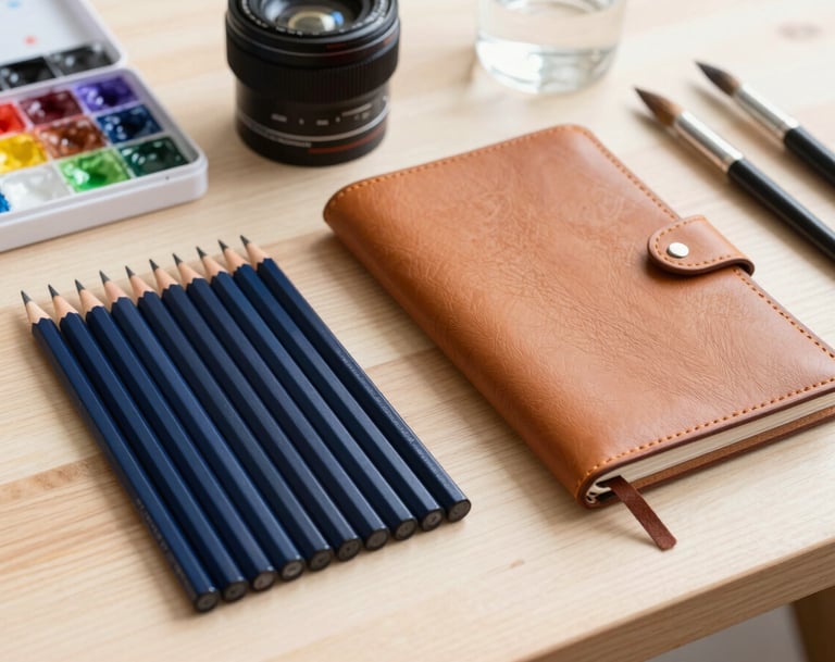 A professional flat-lay of artist tools including navy blue drawing pencils, a tan leather-bound sketchbook, and clean watercolor brushes arranged on a light wooden table, bright and professional North American studio setting.