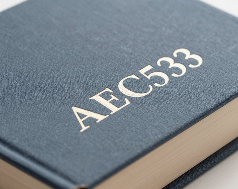 A detailed shot of the spine of a limited edition book, featuring embossed lettering. The material is a sophisticated textured cloth in #293B37 with foil-stamped text in #AEC5BE. Minimalist and refined style.