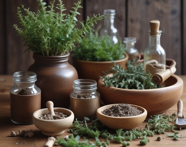 Close-up of fresh herbs and organic ingredients arranged on a wooden table ready for soap making