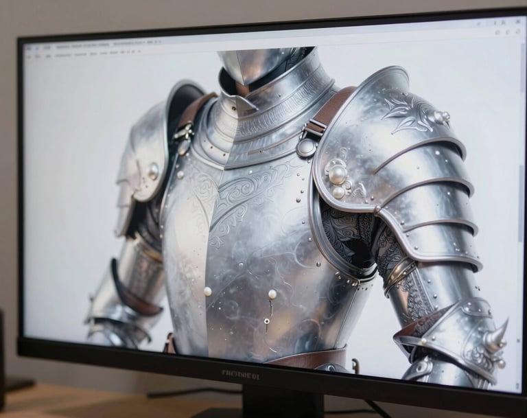 A close-up of a high-resolution display in a sleek North American / US design studio, showing the intricate brushwork of a character's armor in silver mist and pearl white tones.