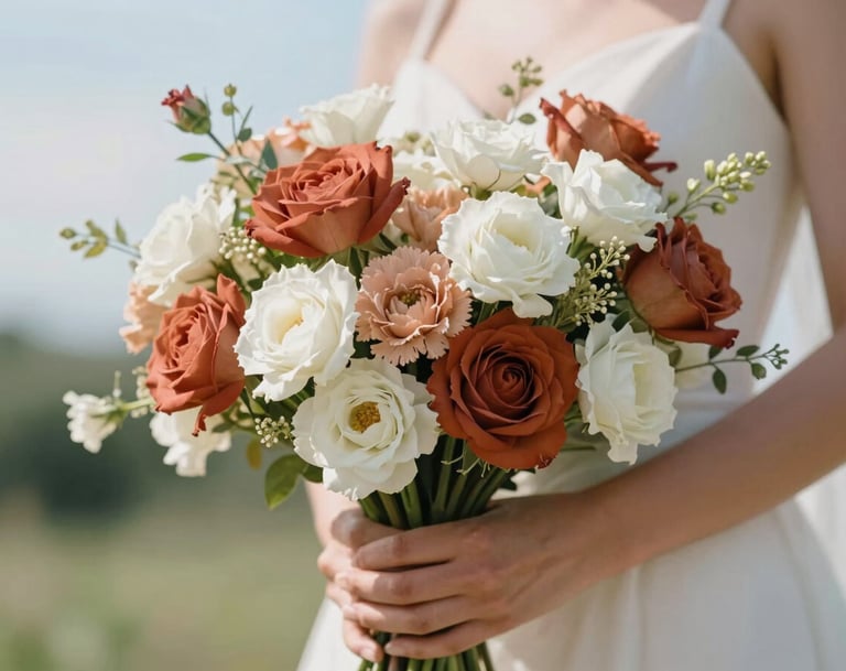 Close-up detail of a bride's hands holding a bouquet with terracotta and soft white flowers, shot in a North American / US garden. The lighting is bright and airy with a light blue sky in the background.