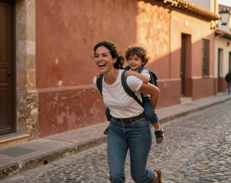 A candid, medium shot of a mother laughing as she carries her young child on her back, running along a rustic cobblestone street in Spain / Southern Europe. Warm, golden hour light, with old terracotta-toned walls in the background reflecting natural warmth.