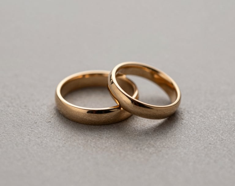 A minimalist macro photograph of two metallic gold wedding rings placed on a textured neutral medium gray surface. The lighting is soft and focused, creating a premium feel.