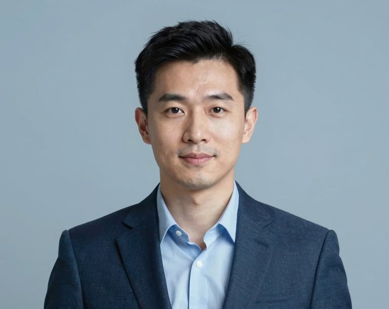 A professional AI-generated portrait in a minimalist studio setting, featuring a palette of #3D5A80 and #98C1D9, soft cinematic lighting, modern corporate style.