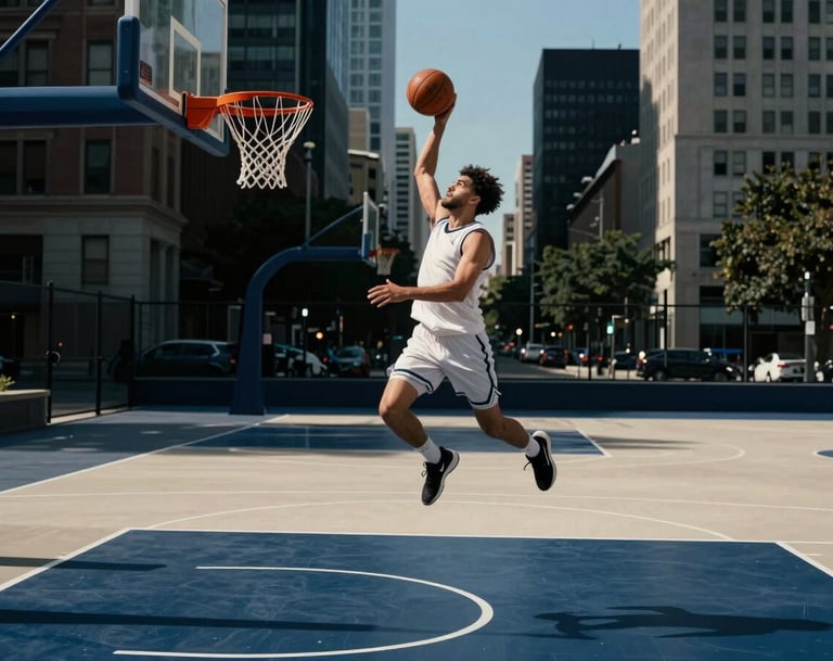 A dynamic wide shot of a basketball player performing a dunk in an urban outdoor court, Western / International city background, cinematic lighting capturing the movement, dark midnight blue shadows and off-white highlights.