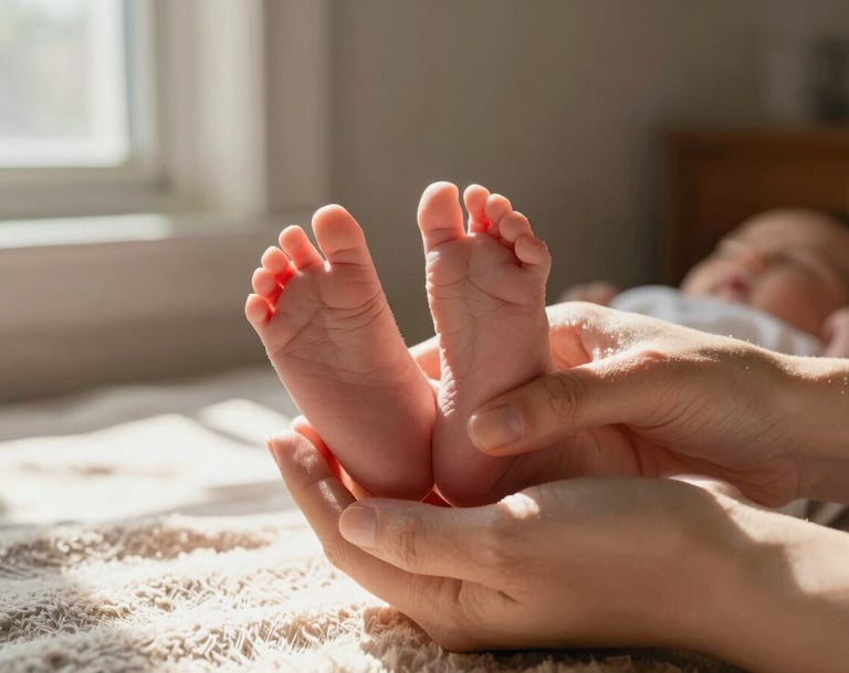 A detailed close-up shot of a newborn's tiny feet resting against a mother's hands. The scene is bathed in natural, sun-drenched light from a nearby window in a North American / US home. The color palette features Soft Sand and muted Terracotta tones in the surrounding fabrics, creating a warm and inviting atmosphere.