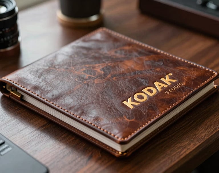 A detailed close-up shot of a handcrafted leather photo album from KODAK STUDIO resting on a polished dark wood table in a North American luxury office. Soft side-lighting highlights the bronze and gold embossed logo on the cover.